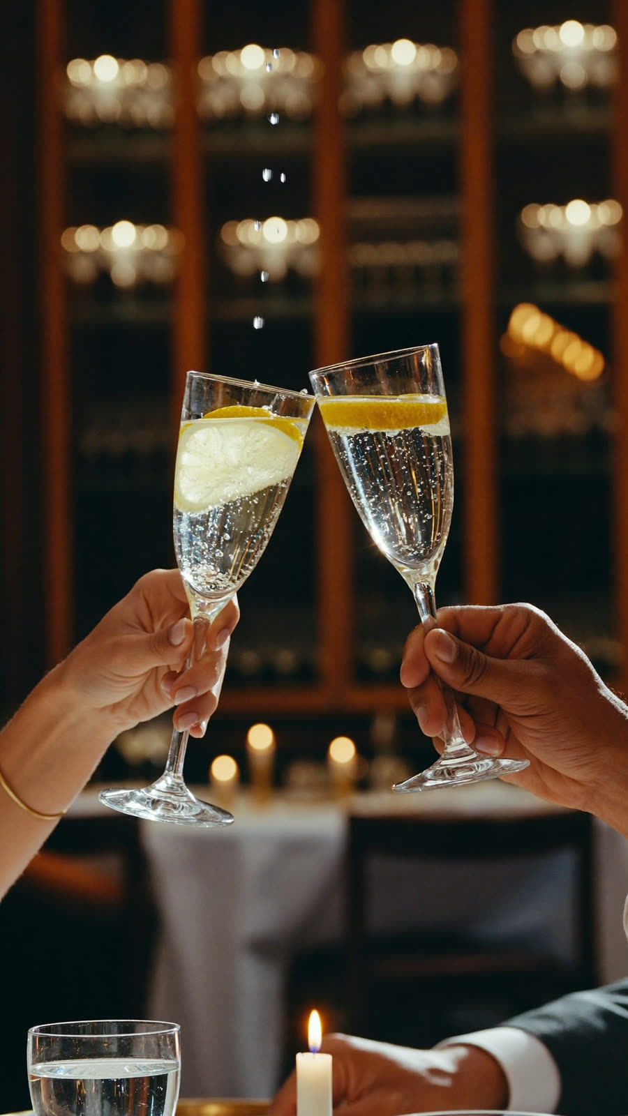 Two glasses clinking over a candle-lit table