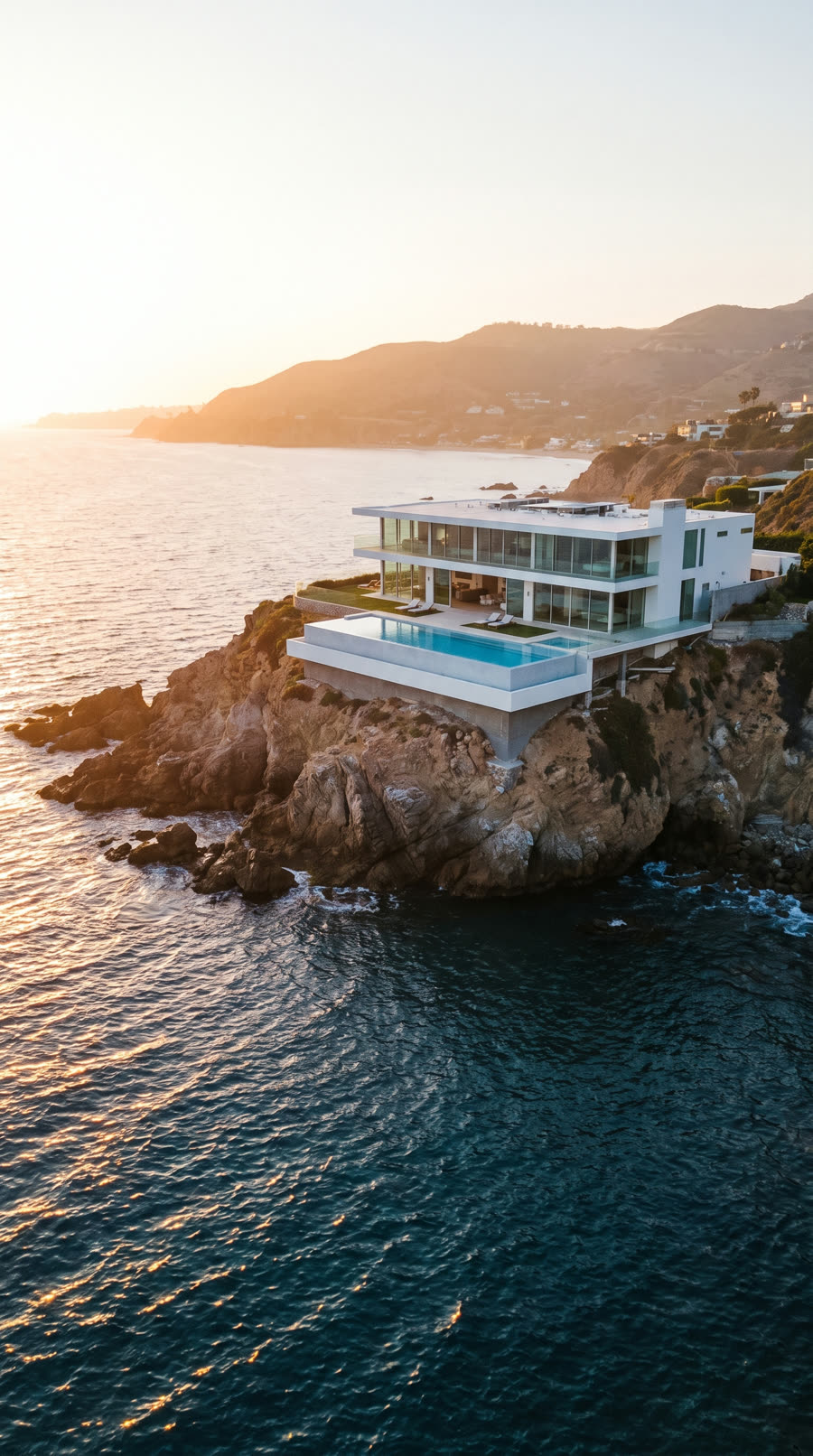 Approved still frame of a cliff-top villa at golden hour